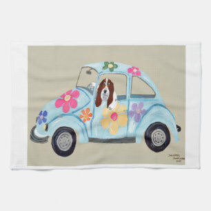 Basset Hound in Hippie car Tea Towel