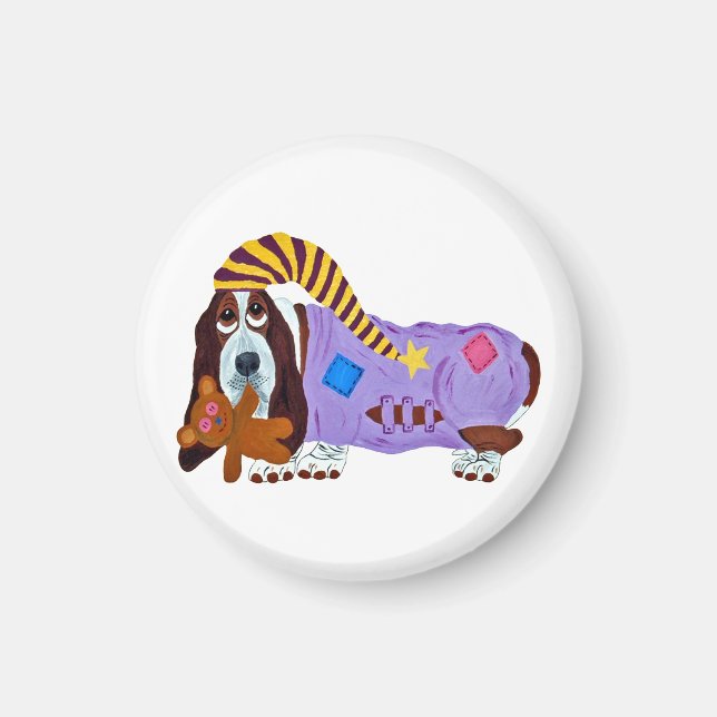 Basset Hound in PJs with teddy bear Magnet (Front)