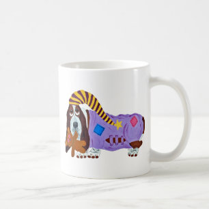 Basset Hound in PJ's with teddy bear mug