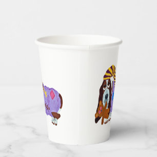 Basset Hound in PJs with Teddy Bear Paper Cups