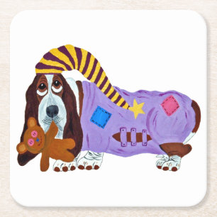Basset Hound in PJs with teddy bear Square Paper Coaster