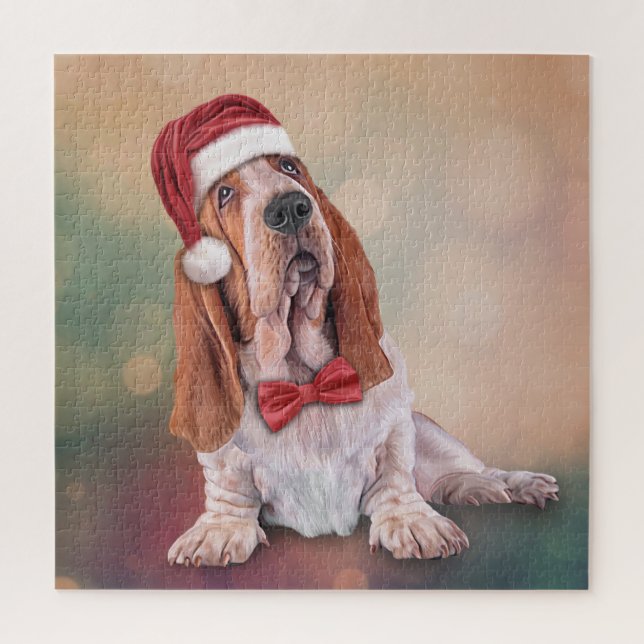 Basset Hound in red hat of Santa Claus Jigsaw Puzzle (Vertical)