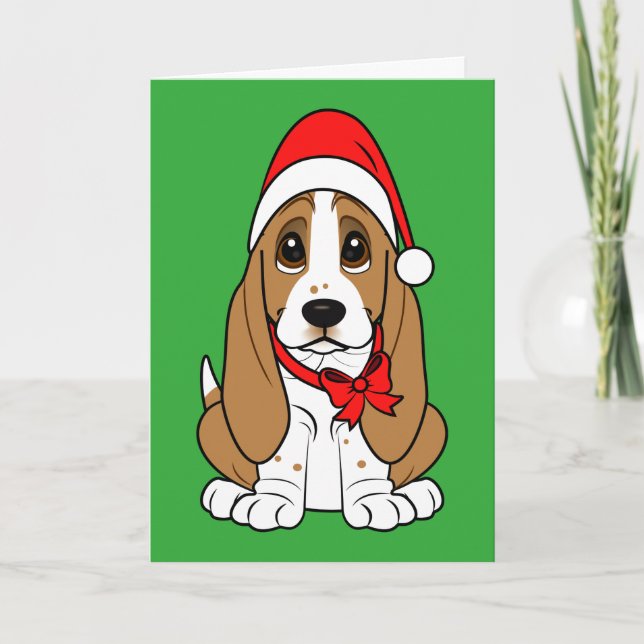 Basset Hound in Santa Hat at Christmas Holiday Card (Front)