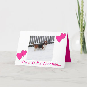 Basset hound in snow on funny Valentine's Day card