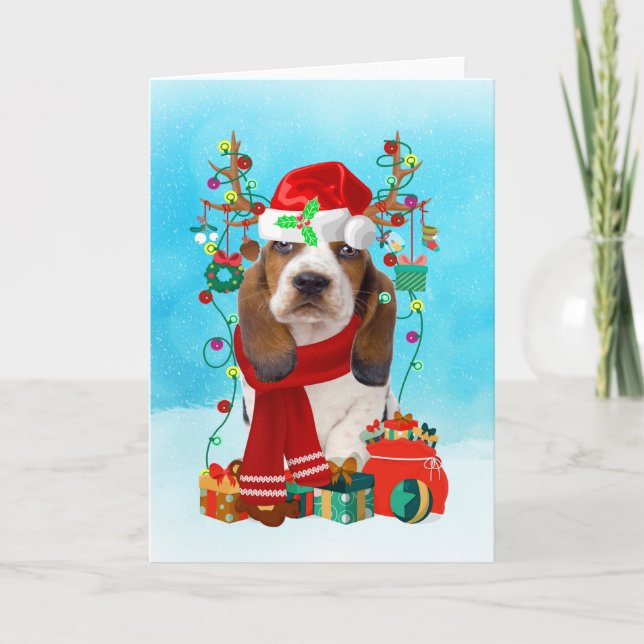  Basset Hound in snow with Christmas gifts Card (Front)