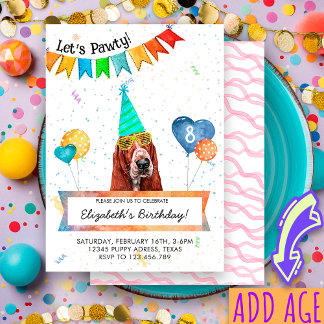 Basset Hound Lets Pawty Dog Birthday Party Invitation