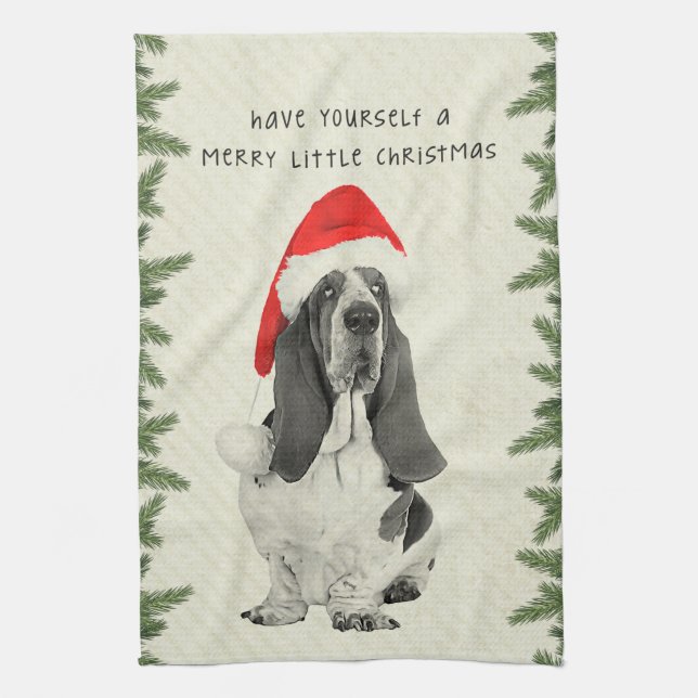Basset Hound Merry Little Christmas Tea Towel (Vertical)