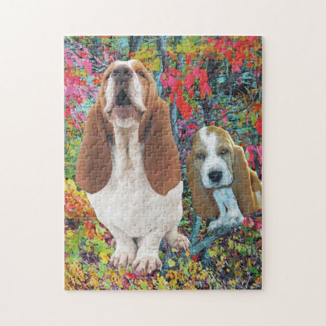 Basset Hound Mum & Puppy in Autumn Jigsaw Puzzle (Vertical)