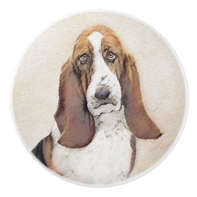 Basset Hound Painting - Cute Original Dog Art Ceramic Knob (Front)
