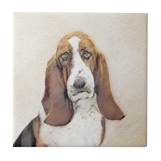 Basset Hound Painting - Cute Original Dog Art Ceramic Tile (Front)