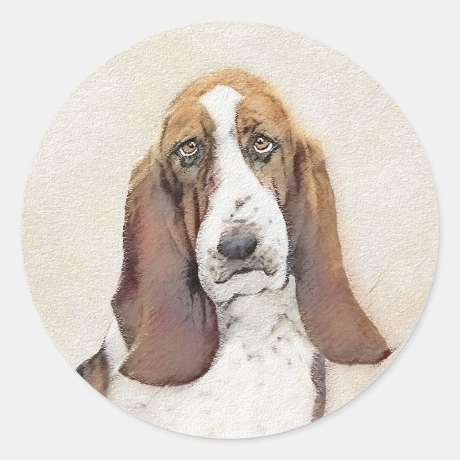 Basset Hound Painting - Cute Original Dog Art Classic Round Sticker (Front)