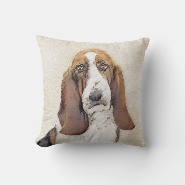 Basset Hound Painting - Cute Original Dog Art Cushion (Front)