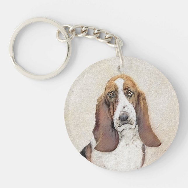 Basset Hound Painting - Cute Original Dog Art Key Ring (Front)
