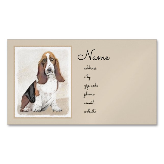 Basset Hound Painting - Cute Original Dog Art Magnetic Business Card (Front)
