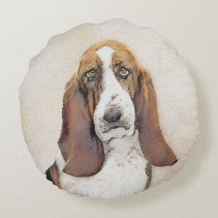 Basset Hound Painting - Cute Original Dog Art Round Cushion