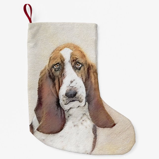 Basset Hound Painting - Cute Original Dog Art Small Christmas Stocking (Front)