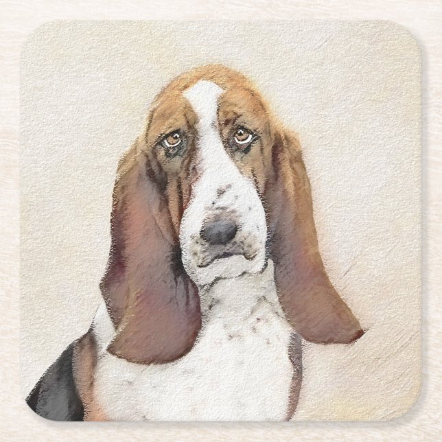 Basset Hound Painting - Cute Original Dog Art Square Paper Coaster (Front)