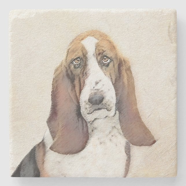 Basset Hound Painting - Cute Original Dog Art Stone Coaster (Front)