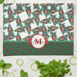 Basset Hound Pattern Monogram Christmas Dog Tea Towel