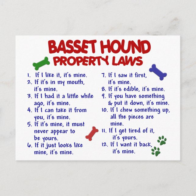 BASSET HOUND Property Laws 2 Postcard (Front)