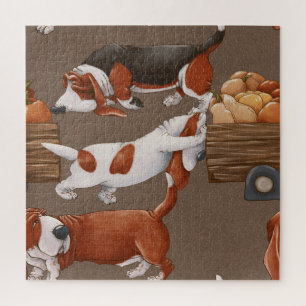 Basset Hound Pumpkin Harvest Pattern Jigsaw Puzzle