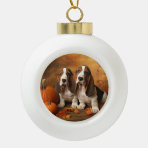 Basset Hound Puppy Autumn Delight Pumpkin  Ceramic Ball Christmas Ornament