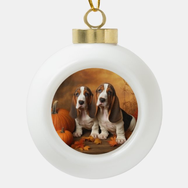 Basset Hound Puppy Autumn Delight Pumpkin  Ceramic Ball Christmas Ornament (Front)