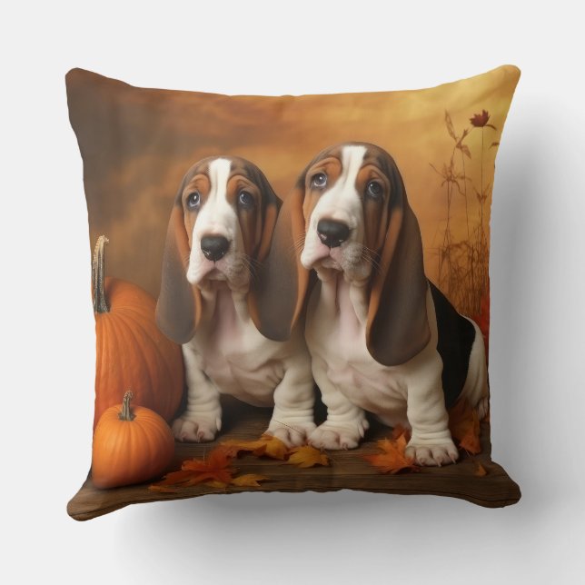 Basset Hound Puppy Autumn Delight Pumpkin  Cushion (Back)