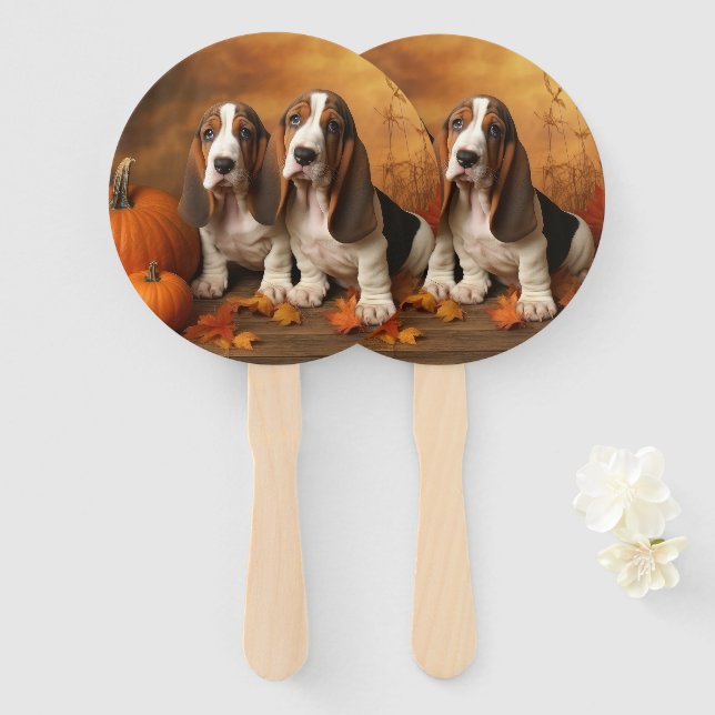 Basset Hound Puppy Autumn Delight Pumpkin  Hand Fan (Front and Back)