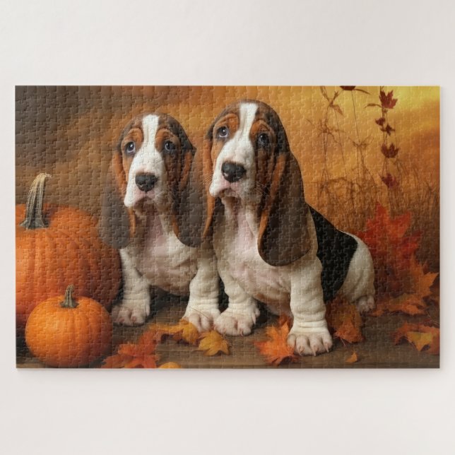 Basset Hound Puppy Autumn Delight Pumpkin  Jigsaw Puzzle (Horizontal)