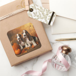 Basset Hound Puppy Autumn Delight Pumpkin Square Sticker
