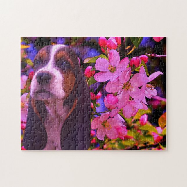 Basset Hound Puppy Blossoms Dog Art Jigsaw Puzzle (Horizontal)