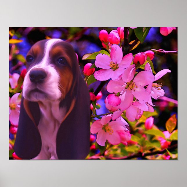 Basset Hound Puppy Blossoms Dog Art Poster (Front)