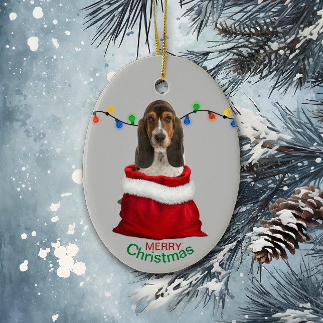 Basset Hound Puppy in Gift Bag Christmas Ceramic Ornament (Creator Uploaded)