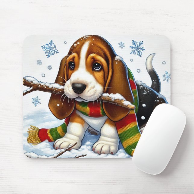 Basset Hound Puppy in Snow With Scarf and Branch Mouse Pad (With Mouse)