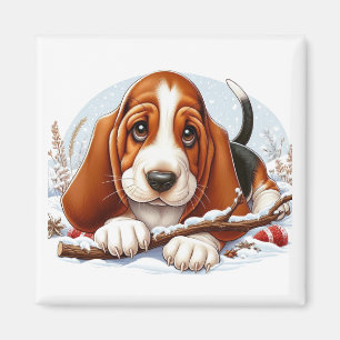 Basset Hound Puppy in Snowy Winter Scene  Magnet