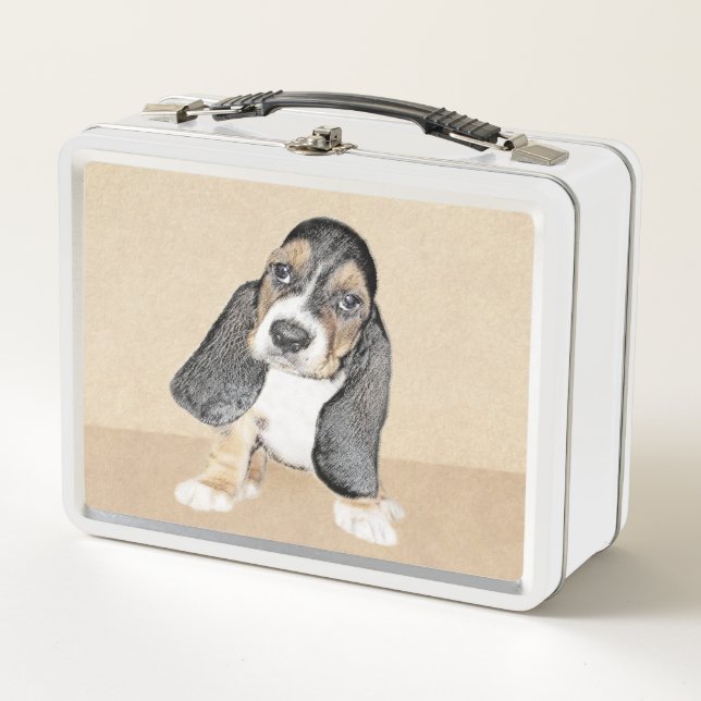 Basset Hound Puppy Painting - Original Dog Art Metal Lunch Box (Front)
