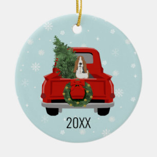 Basset Hound red truck christmas Ceramic Ornament