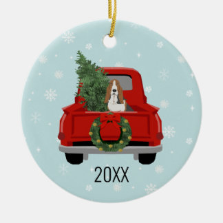 Basset Hound red truck christmas Ceramic Ornament