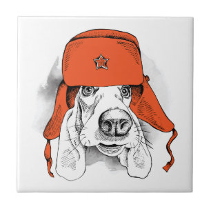 Basset Hound Red Ushanka Hat Ceramic Tile