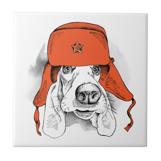 Basset Hound | Red Ushanka Hat Ceramic Tile (Front)