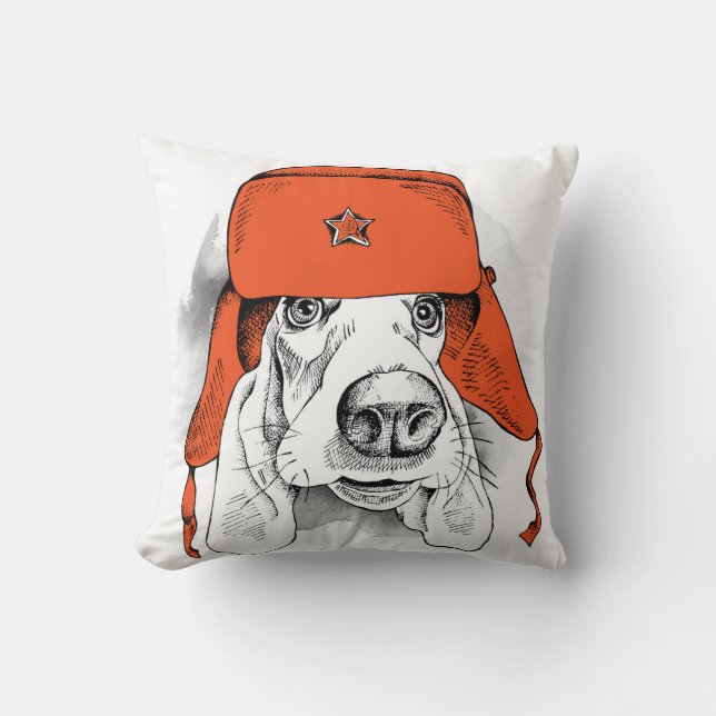 Basset Hound | Red Ushanka Hat Cushion (Front)