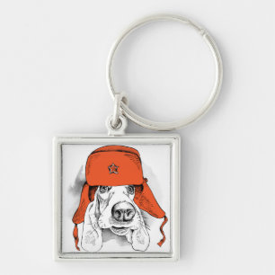 Basset Hound Red Ushanka Hat Key Ring