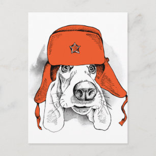 Basset Hound   Red Ushanka Hat Postcard