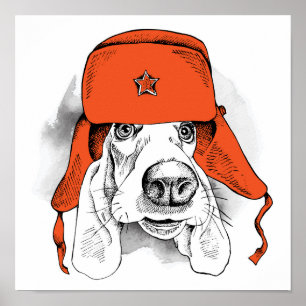 Basset Hound Red Ushanka Hat Poster
