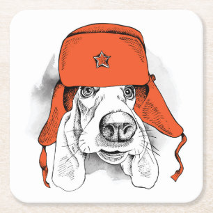 Basset Hound   Red Ushanka Hat Square Paper Coaster