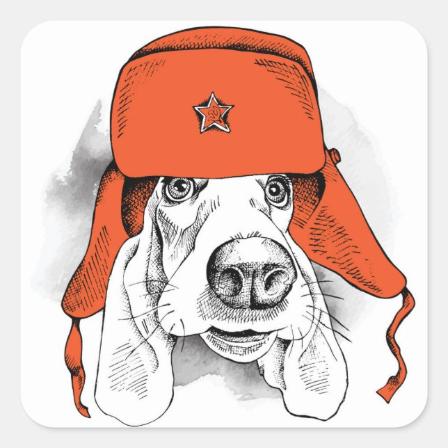 Basset Hound | Red Ushanka Hat Square Sticker (Front)