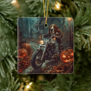 Basset Hound Riding Motorcycle Halloween Scary Ceramic Ornament