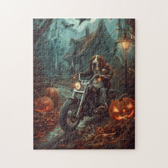 Basset Hound Riding Motorcycle Halloween Scary Jigsaw Puzzle (Vertical)