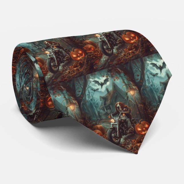 Basset Hound Riding Motorcycle Halloween Scary Tie (Rolled)